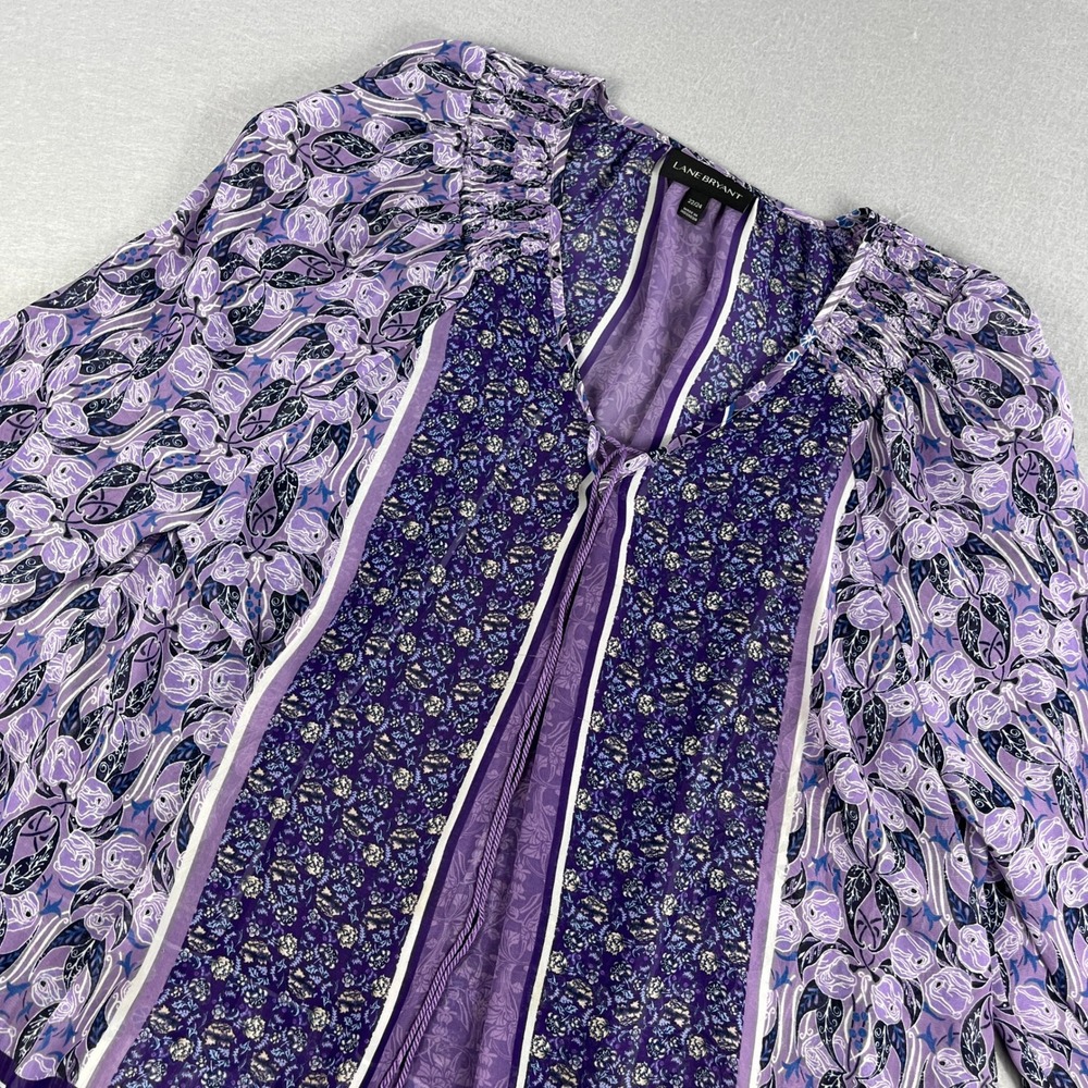 Lane Bryant Purple Floral Print Tunic Top 22‎ 24 V Neck Tie Sleeve